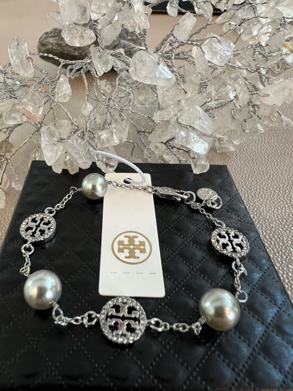 Tory Burch Silver-Tone Logo & Pearl Station Bracelet